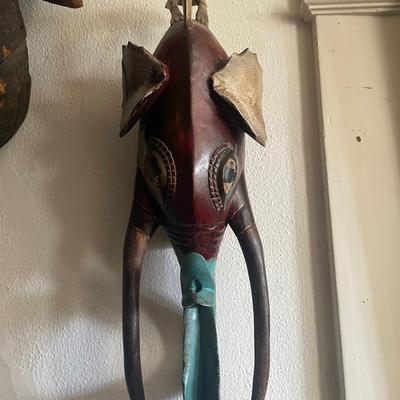 Hand-Carved African Elephant Mask with Leather Ears and Painted Detail