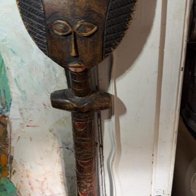 Wooden Carved Staff With Tribal Motif