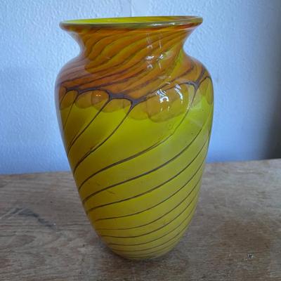 Hand-Blown Yellow and Orange Glass Vase with Swirl Design