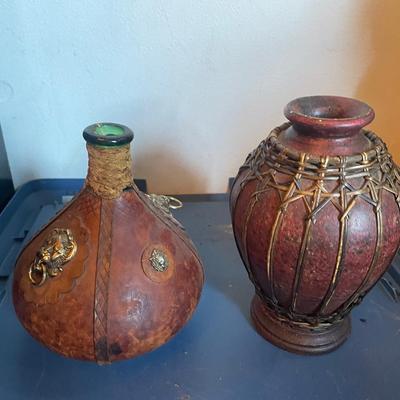 Decorative Leather and Ceramic Vessels with Ornamental Details