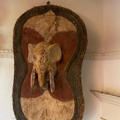 Decorative African Shield with Carved Elephant Head