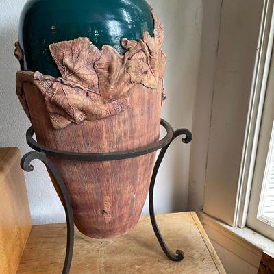 Two-Tone Ceramic Vase with Iron Stand