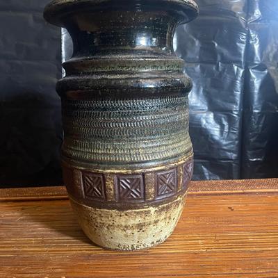 Textured Studio Pottery Vase with Geometric Banding 