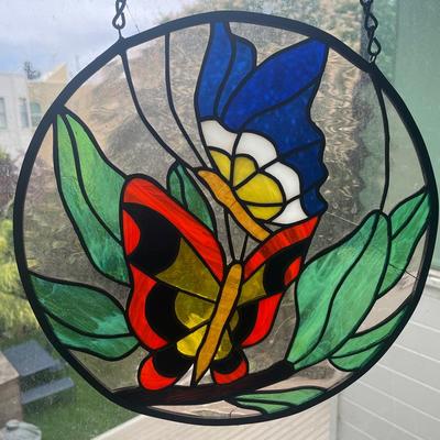 Round Stained Glass Butterfly and Flower Panel