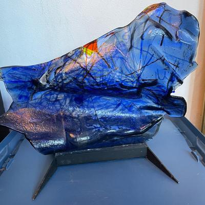 Abstract Blue Glass Sculpture on Metal Base