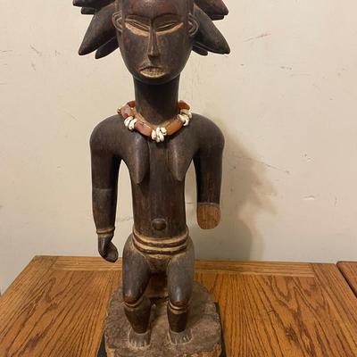 Wooden African Figurative Statue With Beaded Necklace