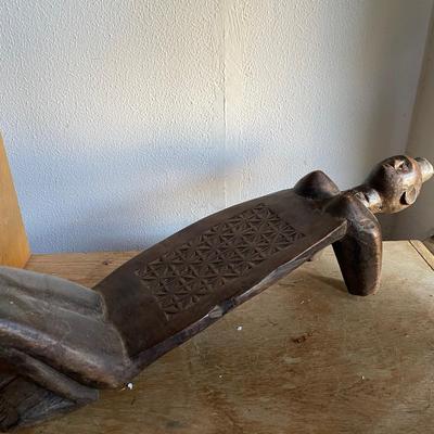 Carved African Headrest with Female Figure and Geometric Panel