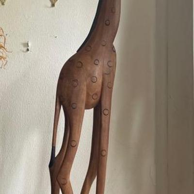 Tall Hand-Carved Wooden Giraffe Figurine
