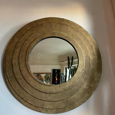 Round Gold-Toned Circular Mirror With Textured Frame