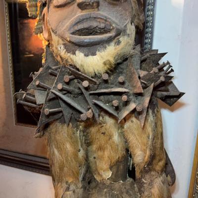 Carved Wooden Ritual Figure with Fiber Details