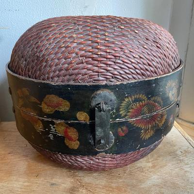 Woven Basket with Painted Metal Banding