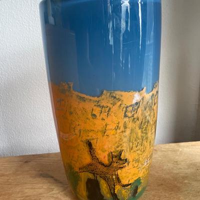 Handmade Art Glass Vase with Abstract Blue and Yellow Design