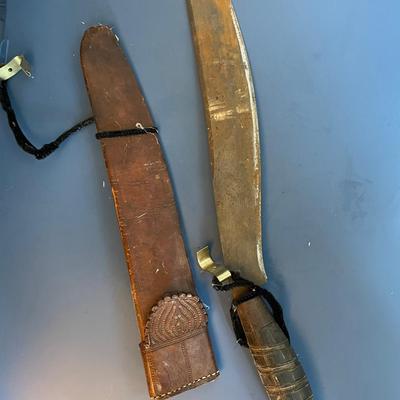 African-Style Machete with Tooled Leather Sheath