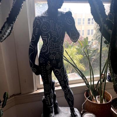 Custom Painted Plaster Statue – Michelangelo’s David with Tribal Pop Art Design