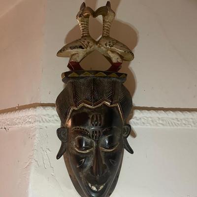 African Wooden Mask with Bird Motif Decoration