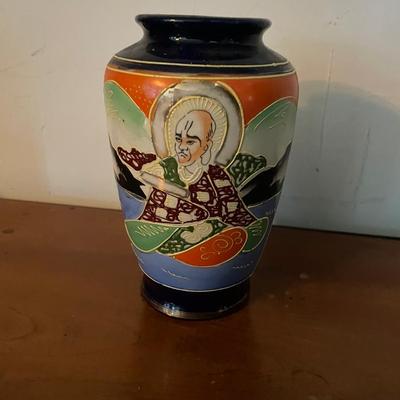 Hand-Painted Japanese Vase with Religious Motif