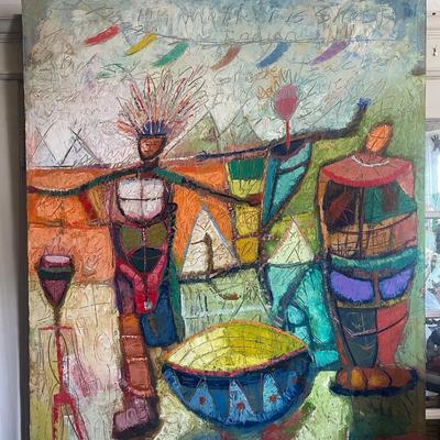 Oversized Framed Textile Wall Art with Geometric Motif 
