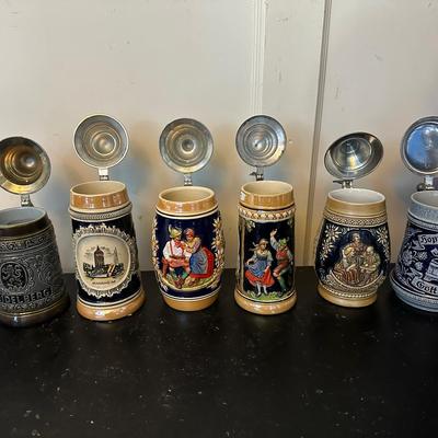 Six German Beer Steins with Pewter Lids