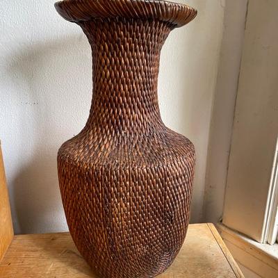 Large Handwoven Rattan Vase with Flared Rim