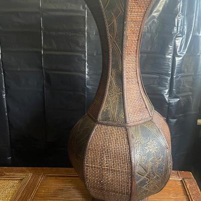 Handcrafted Woven Rattan and Carved Wood Vase