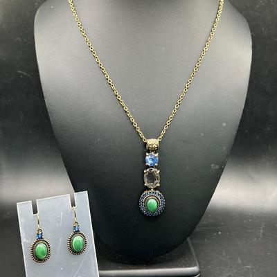 Vintage NRT Blue Rhinestone Drop Necklace & Matching Earrings