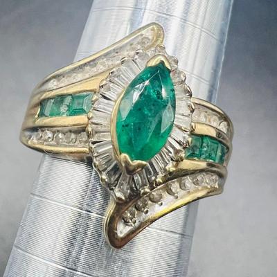 Emerald Ring in 10K Gold with Diamond Accents — Size 7