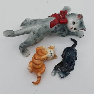 (3) Ceramic Cat Figurines