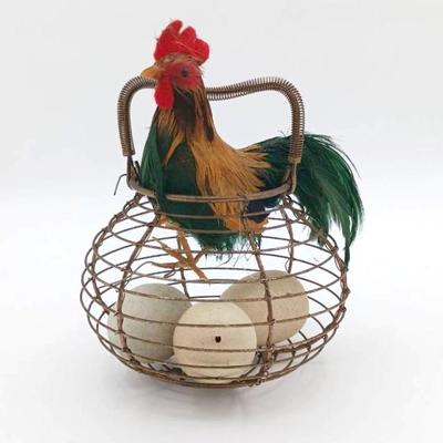 Decorative Rooster With 3 Eggs In A Basket