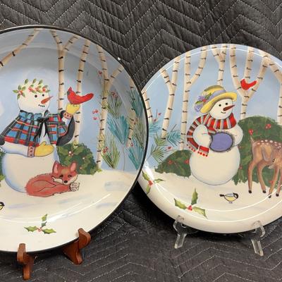 GIBSON Claire Murray 14” Woodland Friends Christmas Snowman Serving Platter And Bowl 