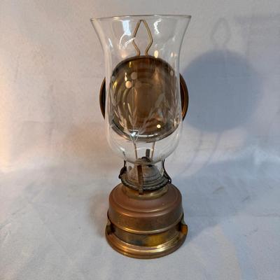 Antique German Brass & Glass Etched Hurricane Lamp – Flip Shade Reflector
