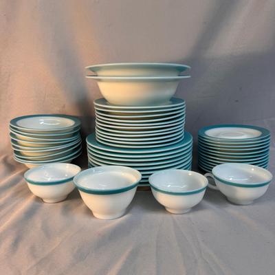 Vintage PYREX Turquoise Rim Milk Glass Dinnerware Set – 40+ Pc Mid-Century Modern USA! 