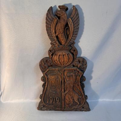 Stunning 1919 Hand-Carved Wooden Coat of Arms Plaque 