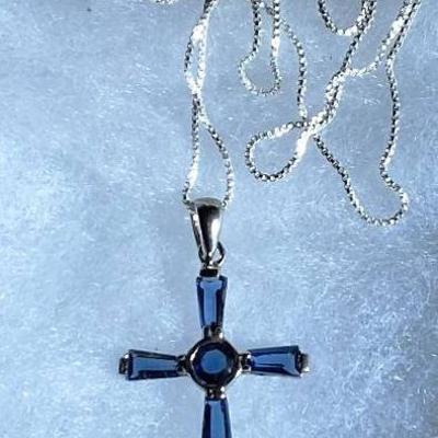 Sterling Silver Cross Pendant Necklace with Deep Blue Stones