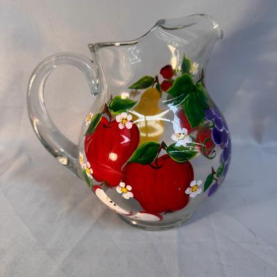 Vintage Hand-Painted Fruit Glass Pitcher 