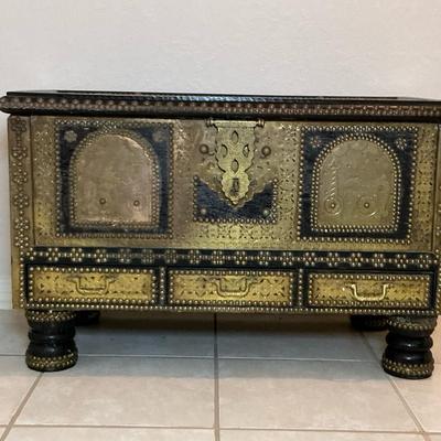 Wooden Brass Metal Overlay Covered Chest With Legs