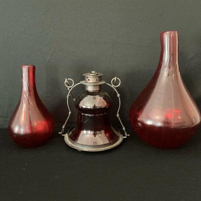 Red Glass Vase Set And Lantern