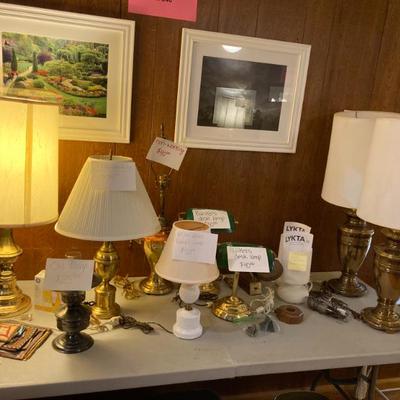 brass lamps, milk glass hobnail lamp, bankers lamps