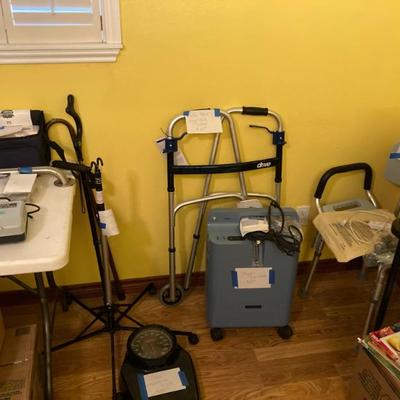 medical equipment: walker, shower chair, canes, oxygen concentrator, nebulizer, scale