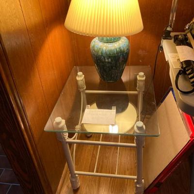 glass & wrought iron table, blue ceramic lamp (there are 2- one is not in photo)
