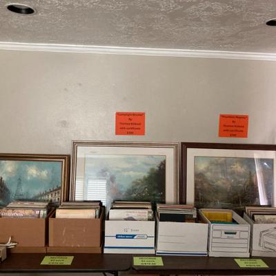 Thomas Kinkade framed prints with certificates, LP's