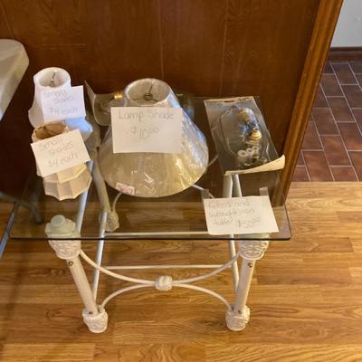 glass & wrought iron table, lampshades and lamp parts