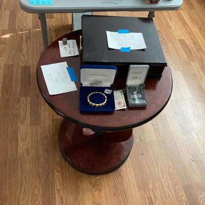 Bombay company table, tea chest, Waterford crystal cross