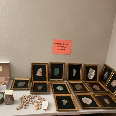 framed polished stone, alabastorite wall rosary, arrowheads