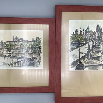 Two Views Of Charles Bridge - Signed Watercolors 
