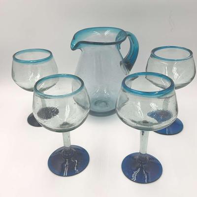 Hand Blown Mexican Margarita Pitcher & 4 Glasses