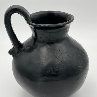 Handcrafted Black Clay Pitcher with Floral Etching