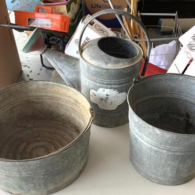 Two Galvanized Buckets And One Galvanized Watering Can