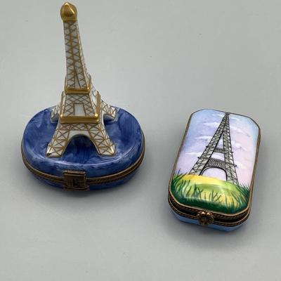 Two Limoges Eiffel Tower Porcelain Trinket Boxes