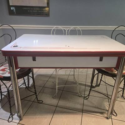 Vintage Red & White Enamel Table & 3 Chairs