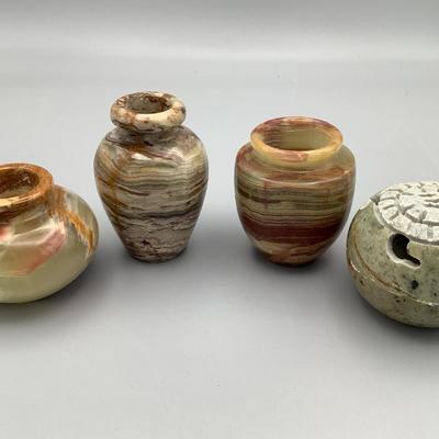 Three Polished Stone Miniature Vases And Signed Stone Container